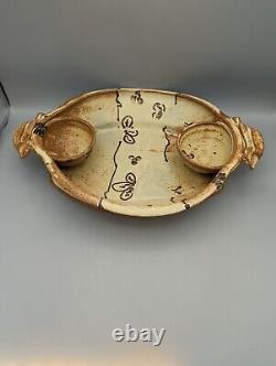 RON SLAGLE Chips and Dip Serving Dish Bowl Handles Studio Art Pottery 17.25