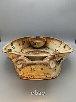 RON SLAGLE Chips and Dip Serving Dish Bowl Handles Studio Art Pottery 17.25