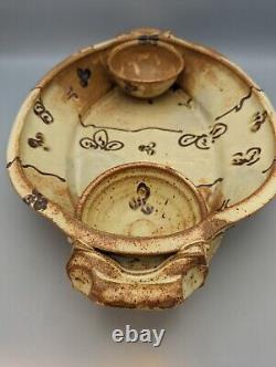 RON SLAGLE Chips and Dip Serving Dish Bowl Handles Studio Art Pottery 17.25