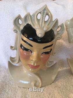 Rare Vintage Ceramic Arts Studio Lotus & Manchu Lady Head Vase Set Lot Of 2