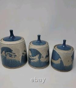 Rare Vintage Signed Studio Pottery Covered Canister Set by Don Hanson 1970's