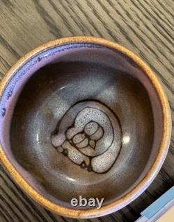 Rare Vintage Signed Studio Pottery Tea Bowl Hand Thrown Stoneware Owl Motif