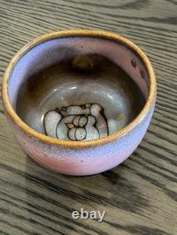 Rare Vintage Signed Studio Pottery Tea Bowl Hand Thrown Stoneware Owl Motif