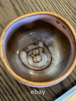 Rare Vintage Signed Studio Pottery Tea Bowl Hand Thrown Stoneware Owl Motif