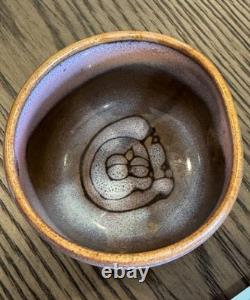 Rare Vintage Signed Studio Pottery Tea Bowl Hand Thrown Stoneware Owl Motif