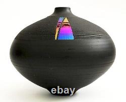 Renee Margolin Studio Art Pottery Black Bisque Ceramic Vase Iridescent Metallic