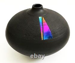 Renee Margolin Studio Art Pottery Black Bisque Ceramic Vase Iridescent Metallic