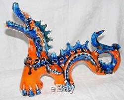Rrare Vintage David Sharp Rye Studio Pottery Dragon Orange Blue Drip Glaze 14