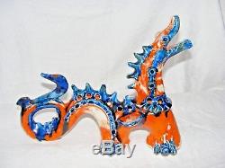 Rrare Vintage David Sharp Rye Studio Pottery Dragon Orange Blue Drip Glaze 14