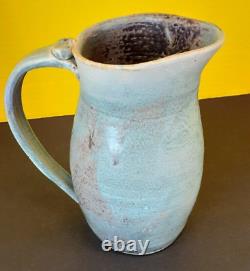 Ruby Haigh Vintage Hand Thrown Studio Pottery Blue Pitcher Signed, Homer, Alaska