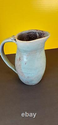 Ruby Haigh Vintage Hand Thrown Studio Pottery Blue Pitcher Signed, Homer, Alaska