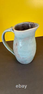 Ruby Haigh Vintage Hand Thrown Studio Pottery Blue Pitcher Signed, Homer, Alaska