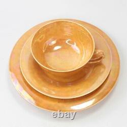 Ruskin Pottery trio teacup saucer & plate lustre orange glazed antique