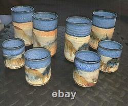 Set of 8 Vintage Walt Glass Texas Studio Pottery Tumblers Signed