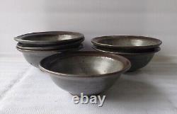 Set of Six Vintage Studio Art Pottery Soup / Rice Bowls Gray