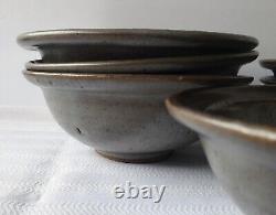 Set of Six Vintage Studio Art Pottery Soup / Rice Bowls Gray
