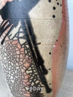 Shigaraki Style Vase Reticulated Pewter yellow Peach Pink Glaze Raku Japan