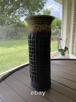 Signed Clark Ohr Studio Pottery Brown Cylindrical Vase 14 Tall x 4 1/2 Wide