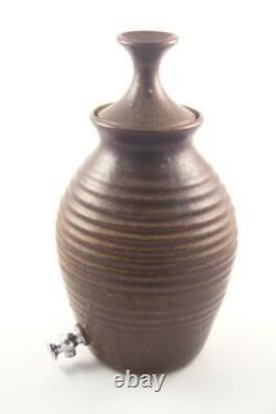 Signed Mid Century Studio Pottery Ribbed Stoneware Water Jug Beverage Dispenser
