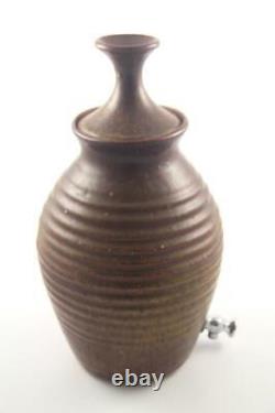 Signed Mid Century Studio Pottery Ribbed Stoneware Water Jug Beverage Dispenser