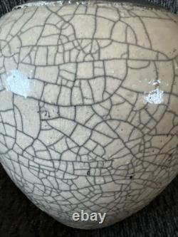 Signed Original Vintage Art Studio Pottery Urn Vase Crackle Raku Glaze (H4)