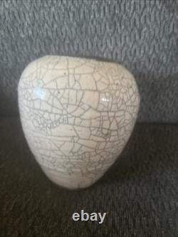 Signed Original Vintage Art Studio Pottery Urn Vase Crackle Raku Glaze (H4)