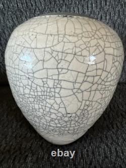 Signed Original Vintage Art Studio Pottery Urn Vase Crackle Raku Glaze (H4)