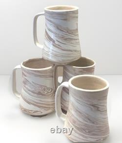 Signed Studio Art Pottery Mugs Ceramic Hand Thrown Boho Swirl Tall Set 4 Vintage