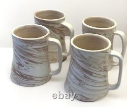 Signed Studio Art Pottery Mugs Ceramic Hand Thrown Boho Swirl Tall Set 4 Vintage