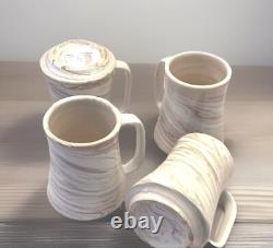 Signed Studio Art Pottery Mugs Ceramic Hand Thrown Boho Swirl Tall Set 4 Vintage