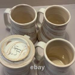 Signed Studio Art Pottery Mugs Ceramic Hand Thrown Boho Swirl Tall Set 4 Vintage