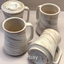 Signed Studio Art Pottery Mugs Ceramic Hand Thrown Boho Swirl Tall Set 4 Vintage