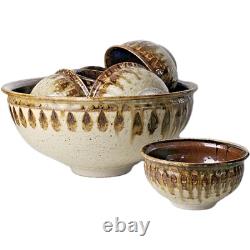 Signed Studio Pottery Farmhouse Speckled Rustic Brown Drip Glaze Bowl Set of 9