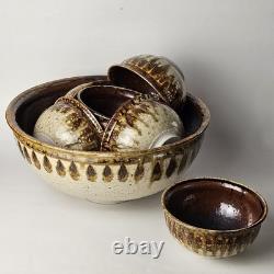 Signed Studio Pottery Farmhouse Speckled Rustic Brown Drip Glaze Bowl Set of 9