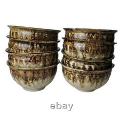 Signed Studio Pottery Farmhouse Speckled Rustic Brown Drip Glaze Bowl Set of 9