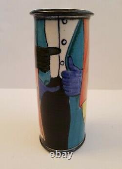Signed Studio Pottery Vase White Clay Multicolored People Mid Century Painted