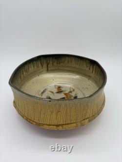 Signed Studio Pottery Wood Fired Stoneware Bowl 8 Ash Glaze Faceted Rim Mingei