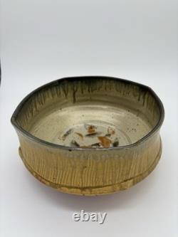 Signed Studio Pottery Wood Fired Stoneware Bowl 8 Ash Glaze Faceted Rim Mingei