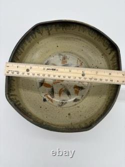 Signed Studio Pottery Wood Fired Stoneware Bowl 8 Ash Glaze Faceted Rim Mingei