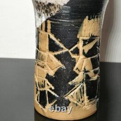 Signed TK Studio Art Pottery Sgraffito Abstract MCM Stoneware Vase