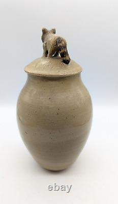 Signed Vintage Studio Art Pottery Jar With Lid ISABEL PEREZ JUDGE Racoon Handle