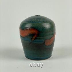 Small Vintage Studio Pottery Bud Vase in Sea of Green-Blue-Teal & Islands In Red