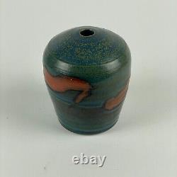 Small Vintage Studio Pottery Bud Vase in Sea of Green-Blue-Teal & Islands In Red