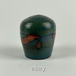 Small Vintage Studio Pottery Bud Vase in Sea of Green-Blue-Teal & Islands In Red