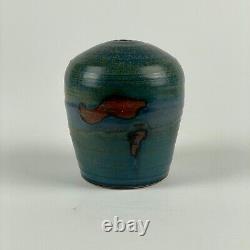 Small Vintage Studio Pottery Bud Vase in Sea of Green-Blue-Teal & Islands In Red
