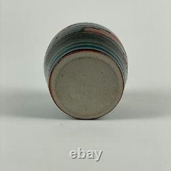 Small Vintage Studio Pottery Bud Vase in Sea of Green-Blue-Teal & Islands In Red