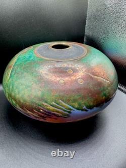 Steven Forbes-deSoule Raku Art Pottery Vase Vessel Multicolor Signed 13 NC Vtg
