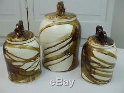 Studio Art Pottery Canister Set Jars Brown Drip Glaze Signed Dated Vintage 1977