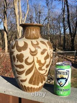 Studio Art Pottery Hand Tooled Brown & Tan Glazed Large Vase Fantastic