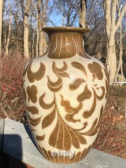 Studio Art Pottery Hand Tooled Brown & Tan Glazed Large Vase Fantastic